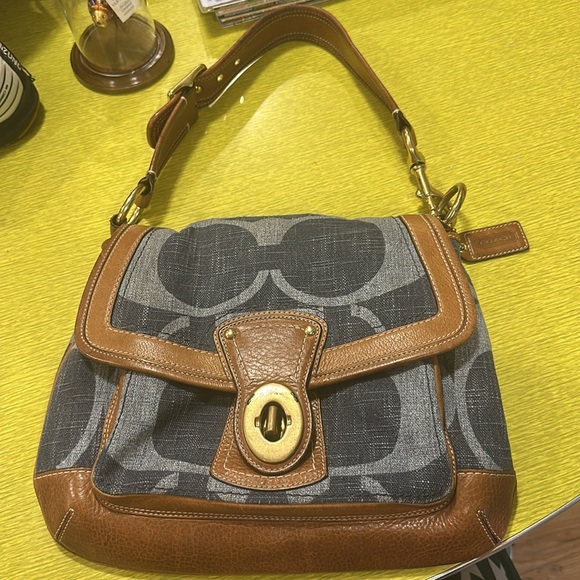 Coach Signature Ali Denim Handbag Purse Heavy Brass Fittings Tobacco Leather - Picture 13 of 15